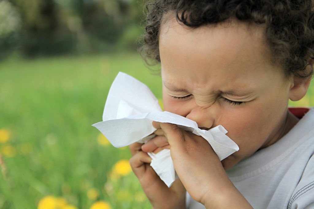 child blowing nose stock photo; blog: Managing Seasonal Allergies